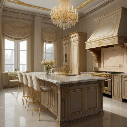 Woman Inspects Neoclassical Kitchen in Digital Art Style
