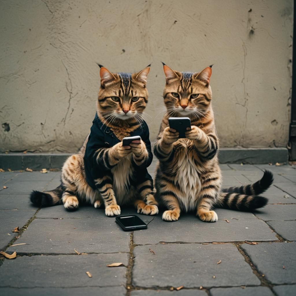 Cats Texting on Phones in Cinematic Style