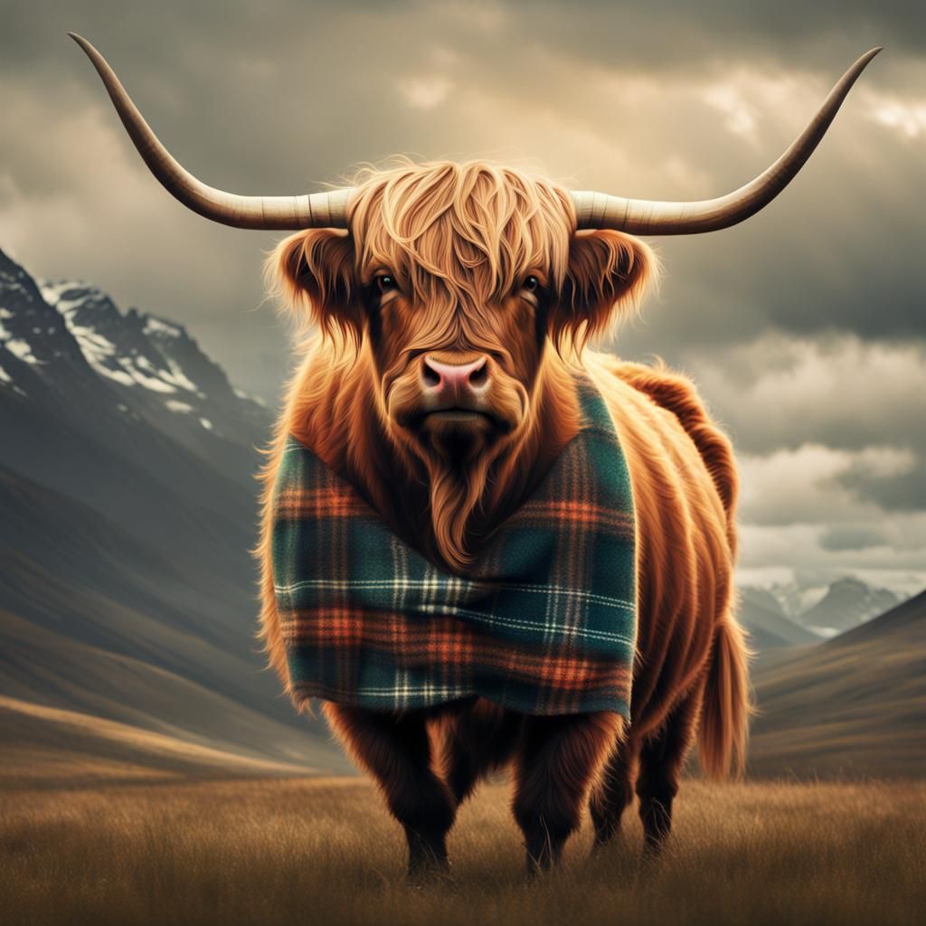 Highland Cow in Kilt: Digital Matte Painting