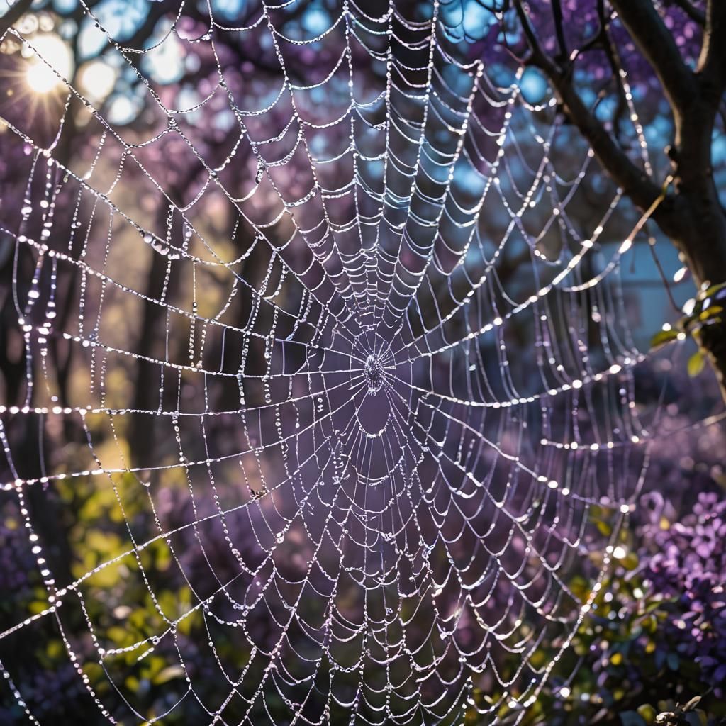 Glistening Spiderweb Against Blue Sky: Macro Photography