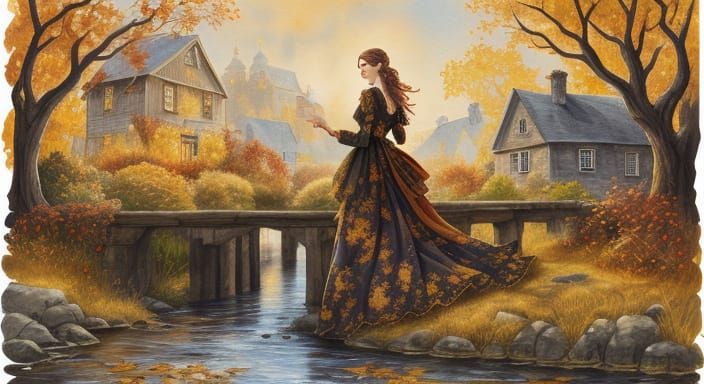 Patchwork Art: Woman Brings Autumn to Old House by River