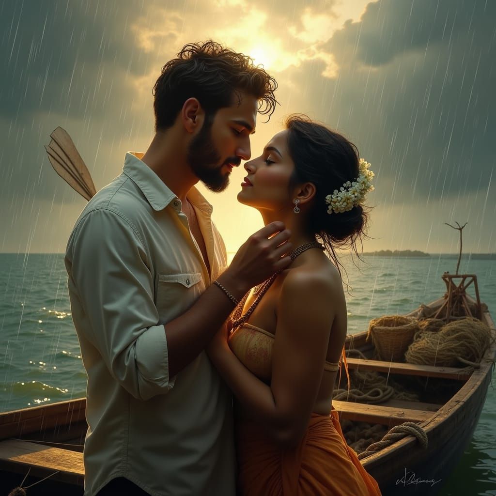 Romantic Fisherman Couple in Monsoon Rain