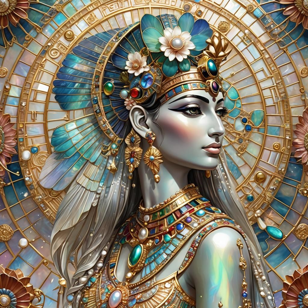 Iridescent 3D Goddess Isis with Lotus Flowers