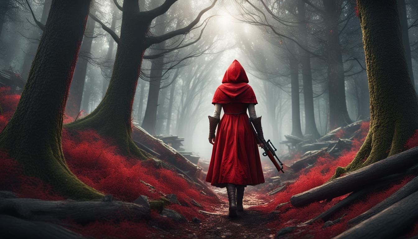 Red Riding Hood with Shotgun in Dark Forest