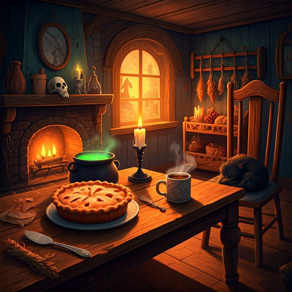 Whimsical Gothic Witch Kitchen at Autumn Sunrise