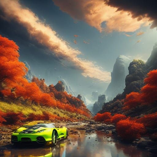 Sleek Futuristic Sports Car Speeds Through Dreamlike Landsca...