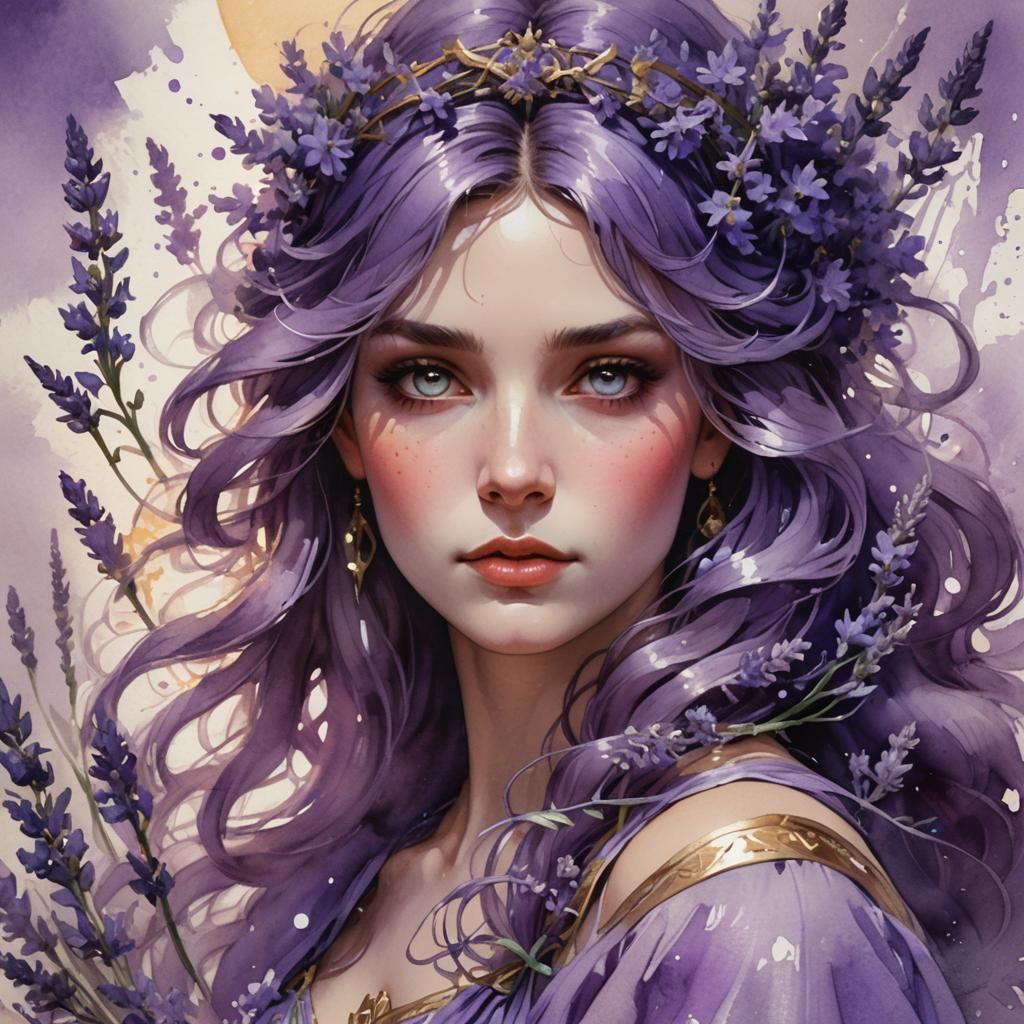 Lavender Goddess Portrait in Watercolor Style