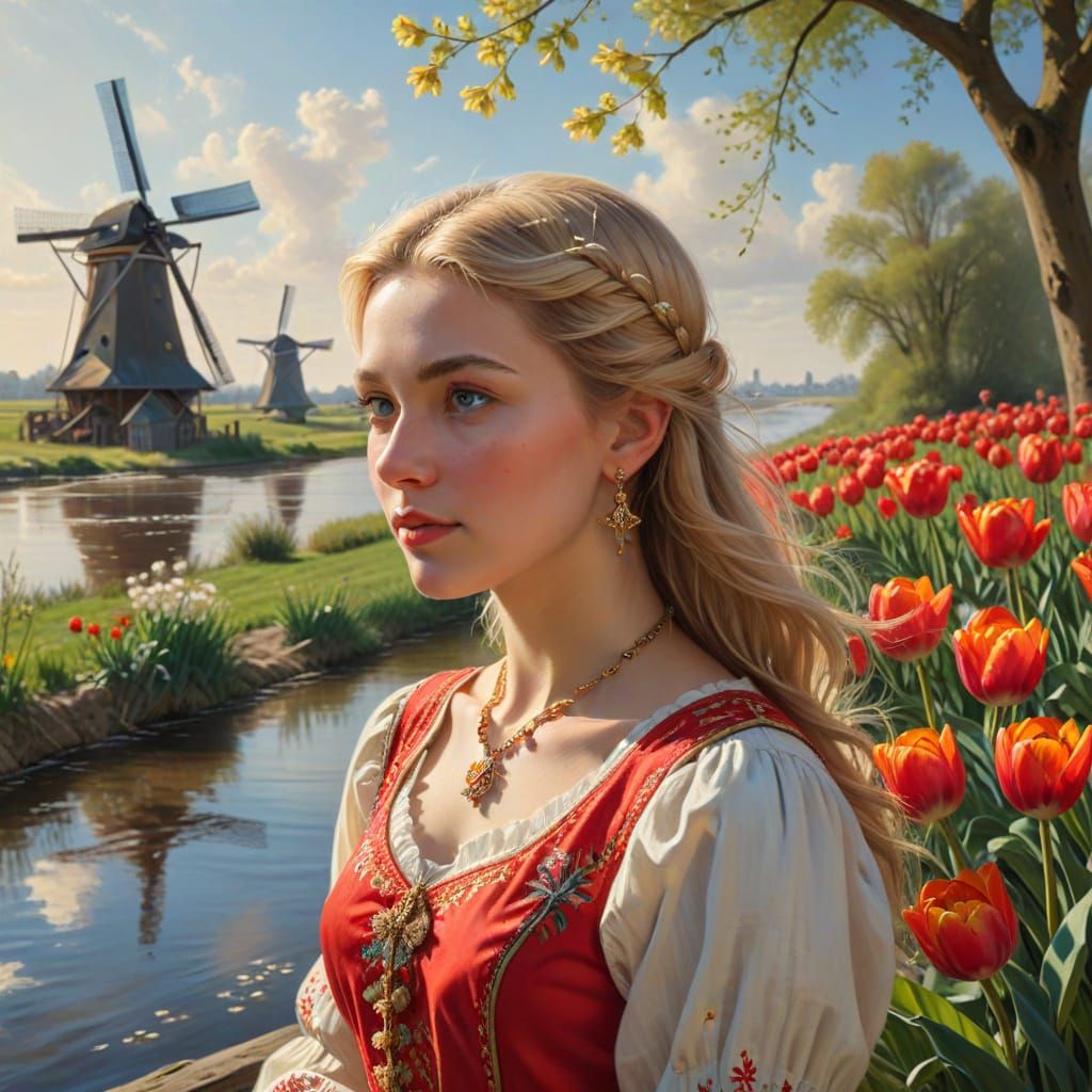Dutch Golden Age Woman by River with Windmills
