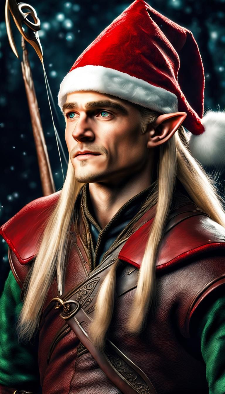 Hyperrealistic Legolas Dons Santa Claus Hat