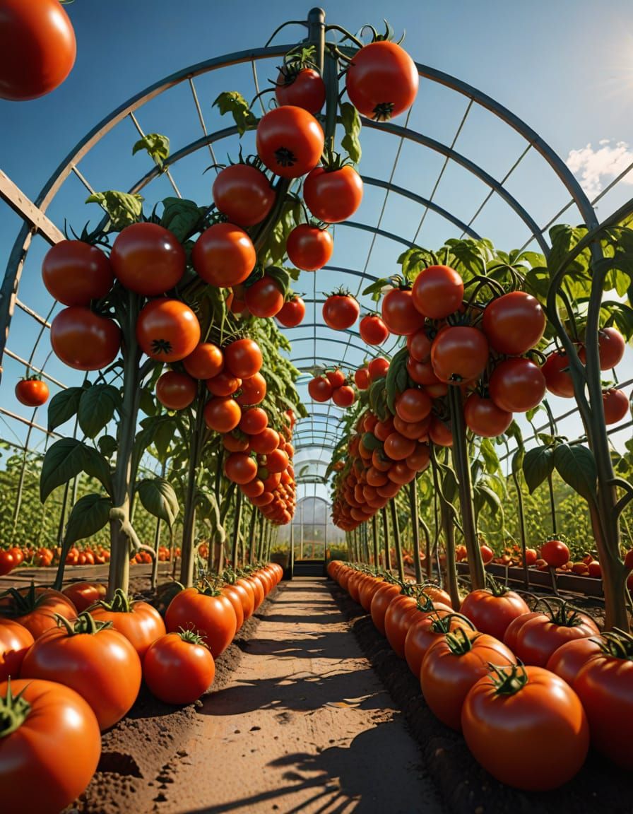 Vibrant Tomato Beacon in Whimsical Agricultural Scene