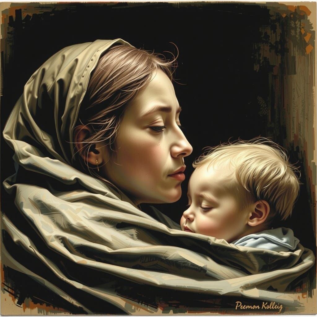 Mother's Embrace: Child Sleeps Peacefully in Loving Arms