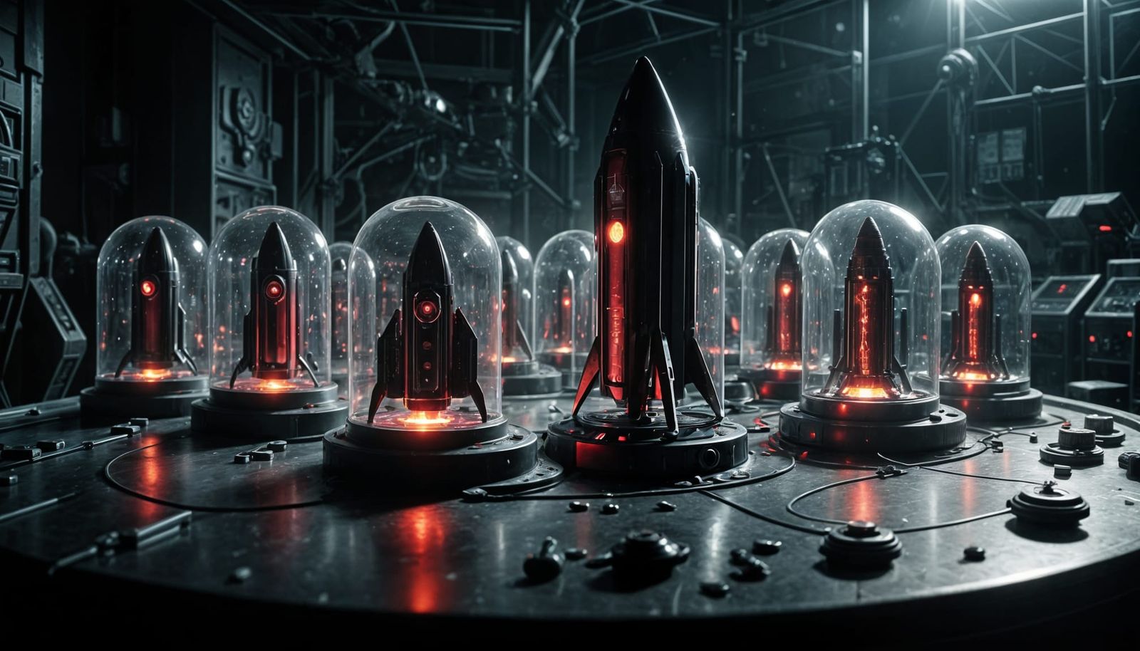 Red Button in a Glass Case, Surrounded by Rockets at the Rea...