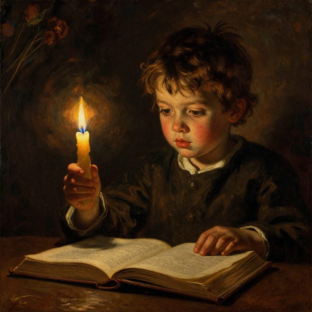 Child With Candle Illuminating Book in Oil Painting Style