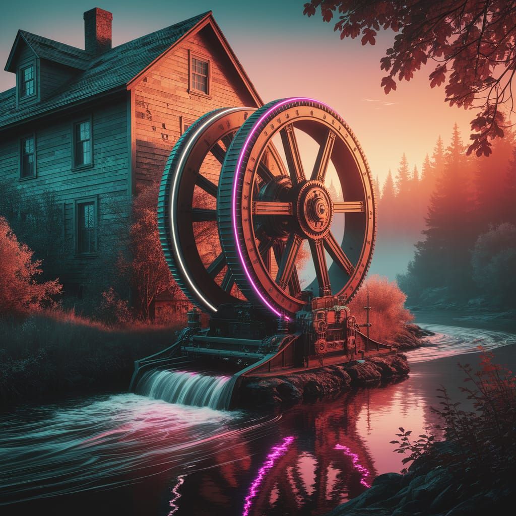 Cyberpunk Waterwheel in Warm Neon Glow