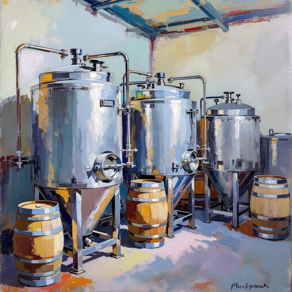 Brewery Anniversary with Steel Kegs in Impressionist Style