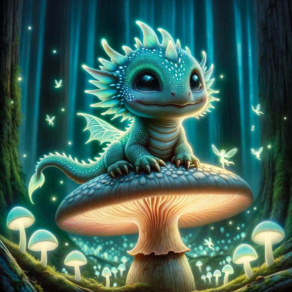 Baby Dragon in Bioluminescent Forest, Hyperrealistic Fantasy