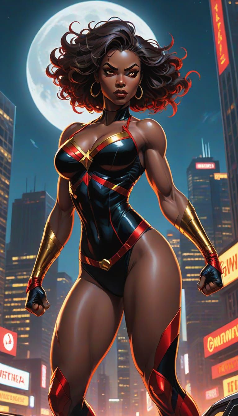 Sleek Black Superheroine Confidently Strikes a Pose in a Bol...