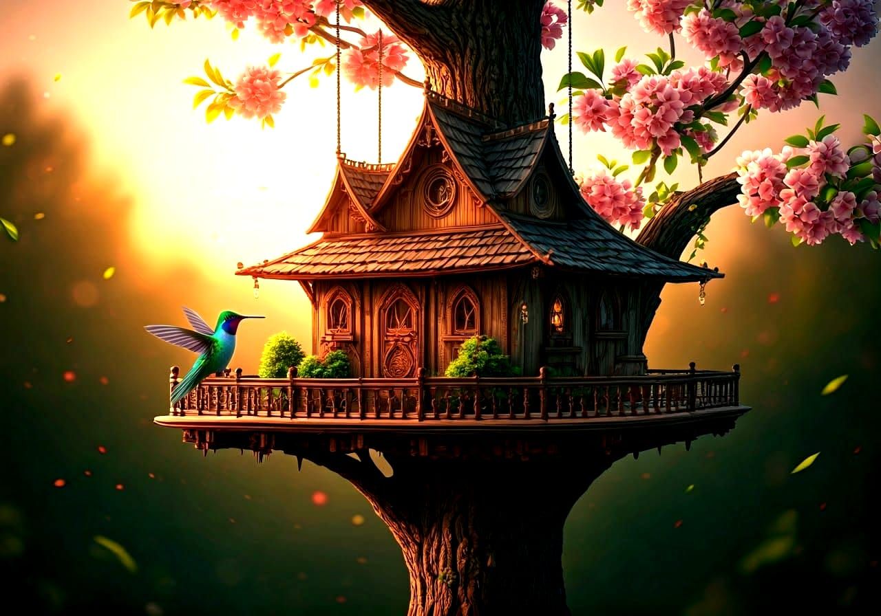 Hummingbird Mansion in Cherry Tree at Golden Hour