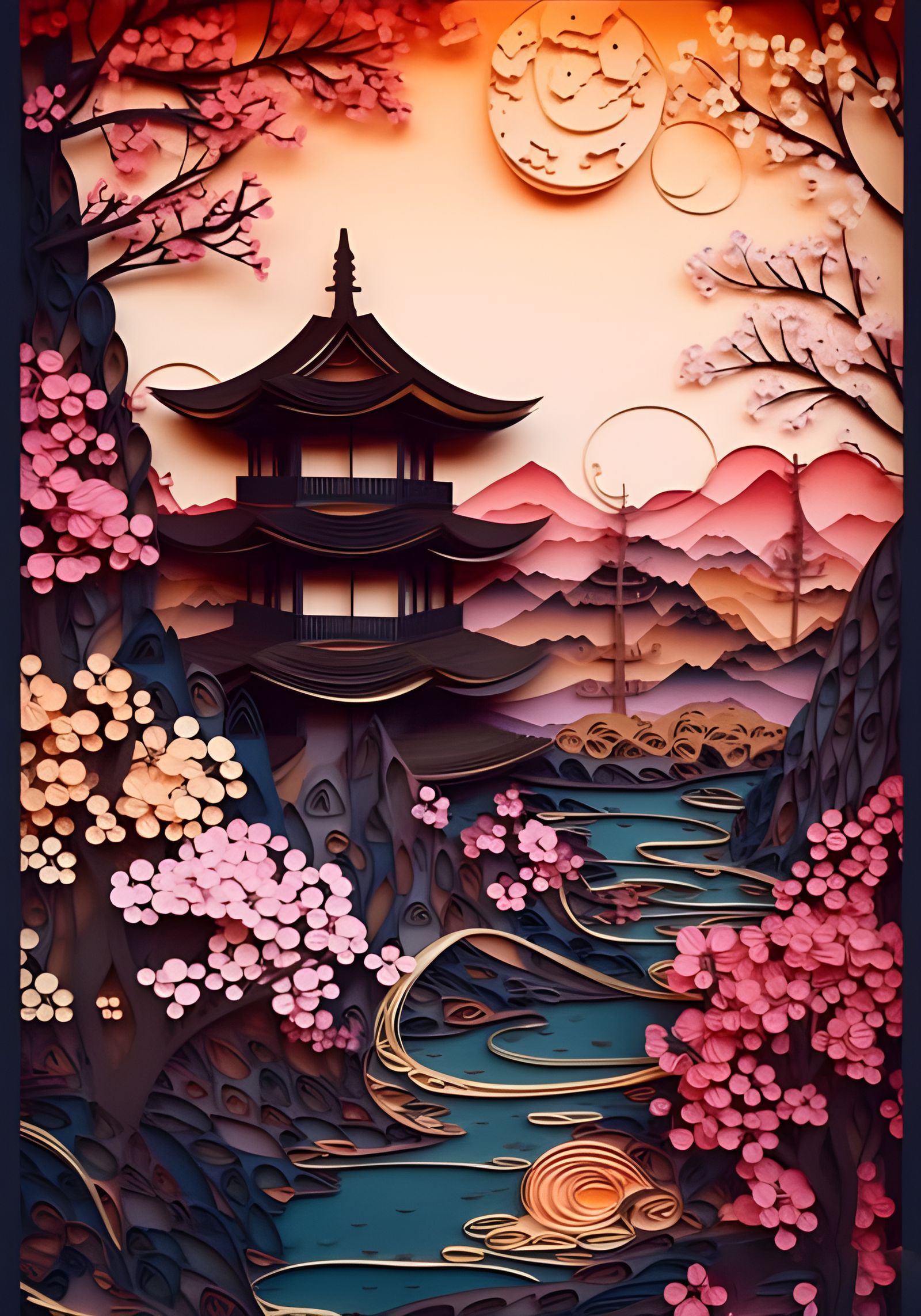 Paper Quilling: Sunset Over Japanese Temple