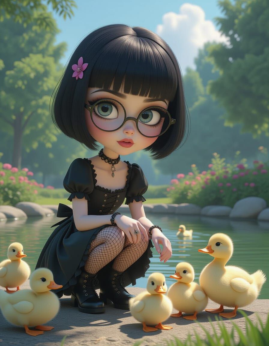 Goth Maiden Feeds Ducks in Pixar Style Park Scene