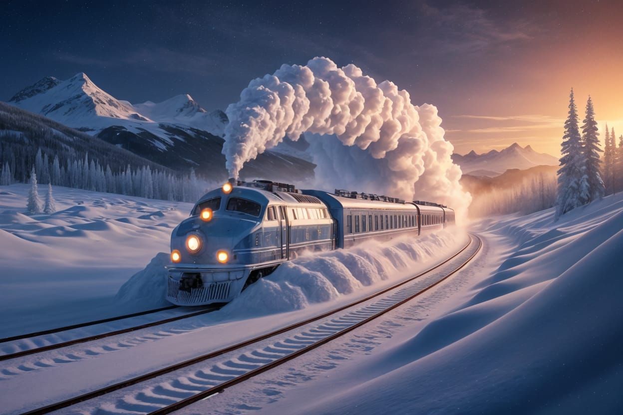 Magical Winter Train Journey Through Snowy Mountains
