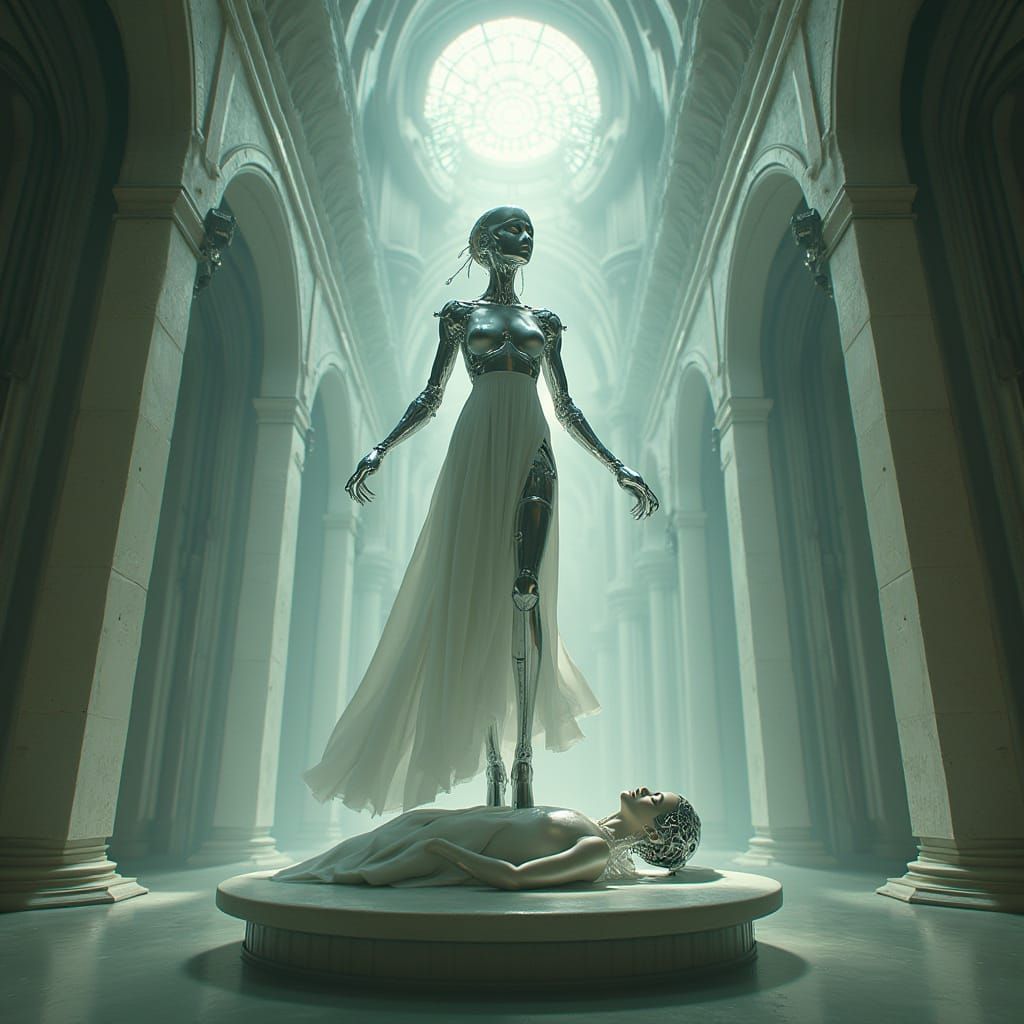 Biomechanical Goddess Above Sleeping Human