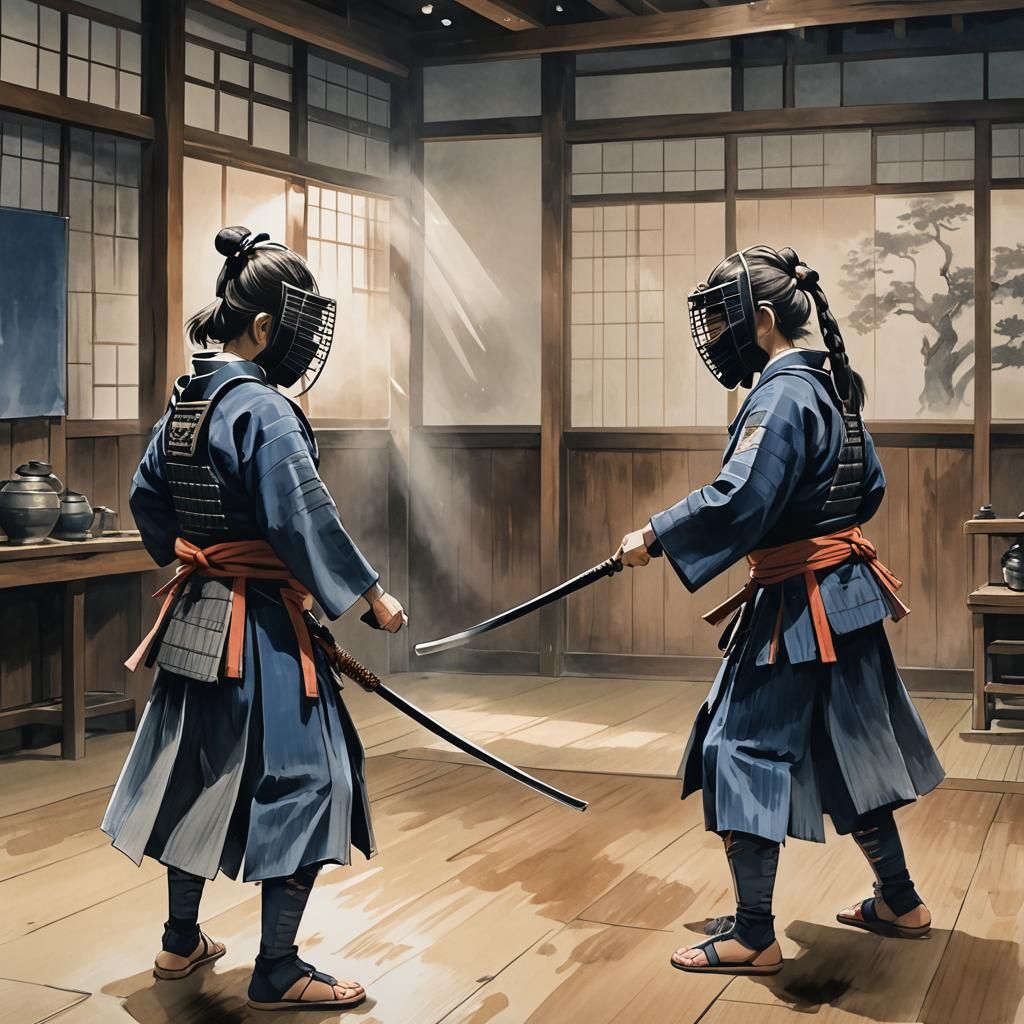 Kendo Duel in Japanese Ink Wash Style
