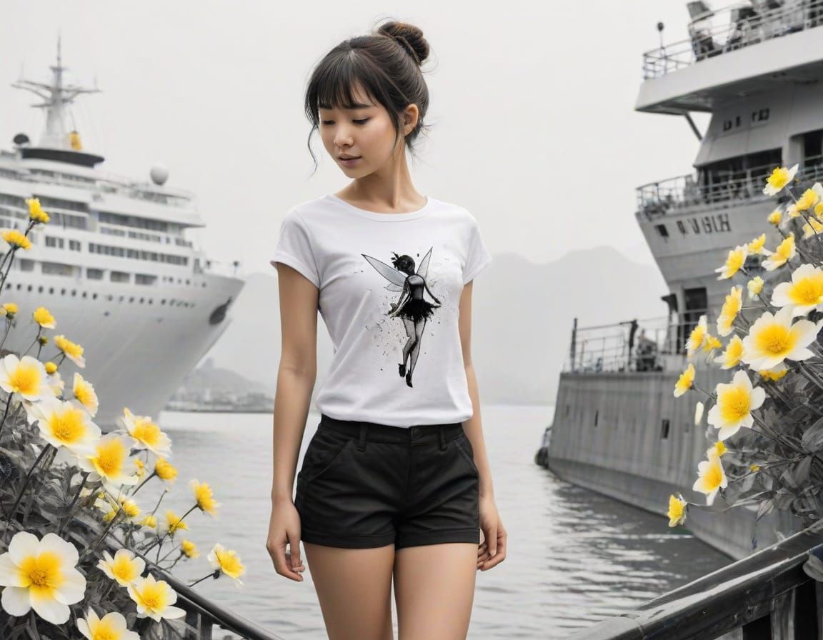 Whimsical Cruise Ship Scene in Chinese Ink Style