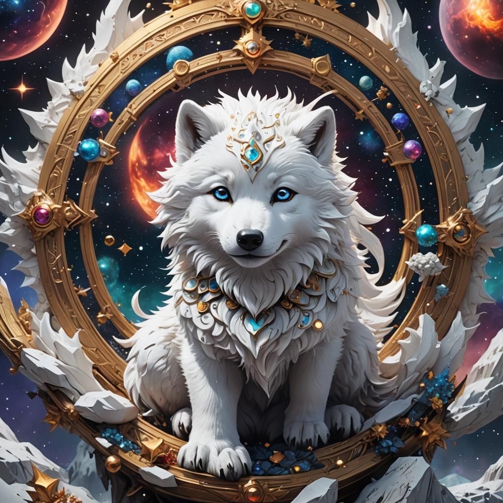 Cosmic Celestial Baby White Wolf in Detailed Matte Painting