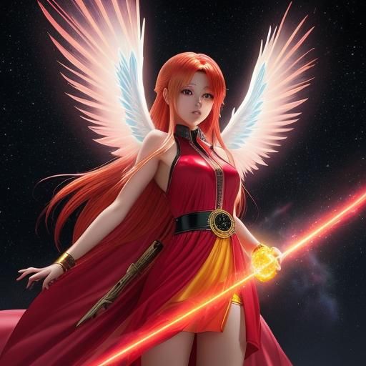 Glowing Red-Haired Angel in Anime Style