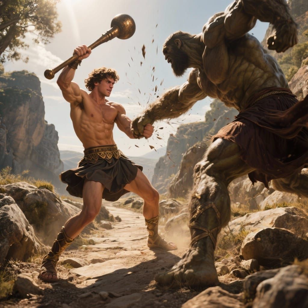 Theseus Defeats Half-Giant Periphetes with Bronze Club