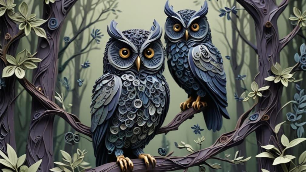 Paper Quilled Purple Owl in Sage Green Forest