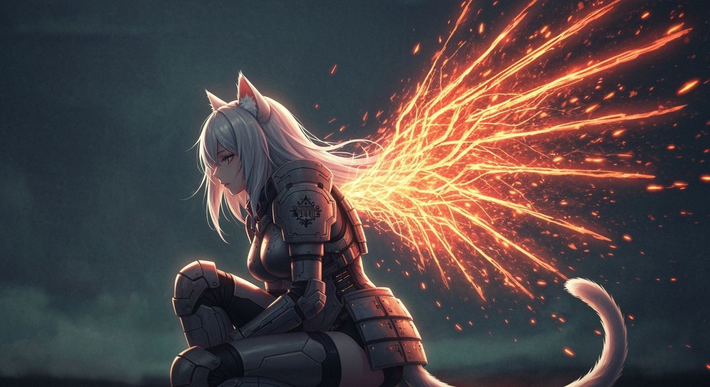 Catgirl with Ember Wings in Anime Film Grain Style