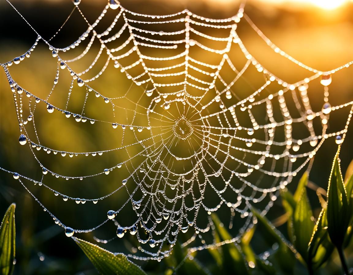 Dew Drops on Spiderweb in Golden Light