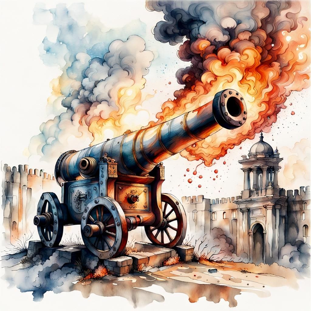 Detailed Ancient Cannon Amidst Burning Cityscape