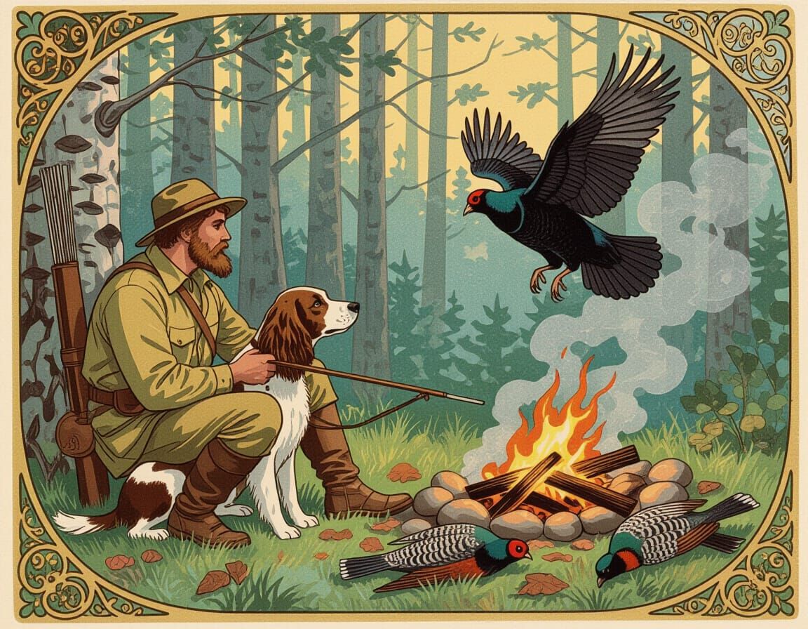 Art Nouveau Hunter and Spaniel with Black Grouse
