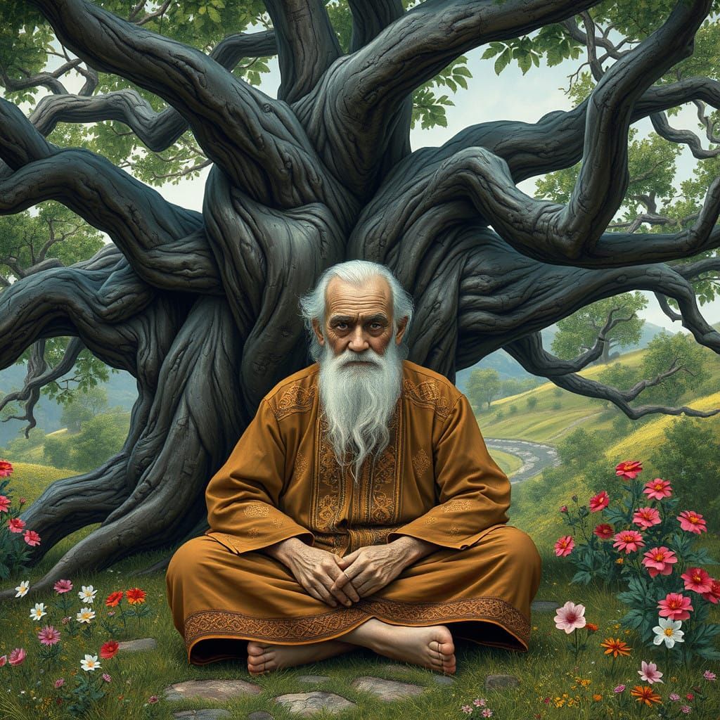 Elderly Sage in Earth-Toned Traditional Attire Under Ancient...