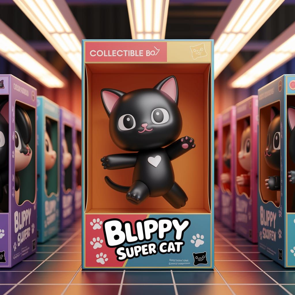 Chibi Black Kitten Toy Box Scene in Vibrant Colors