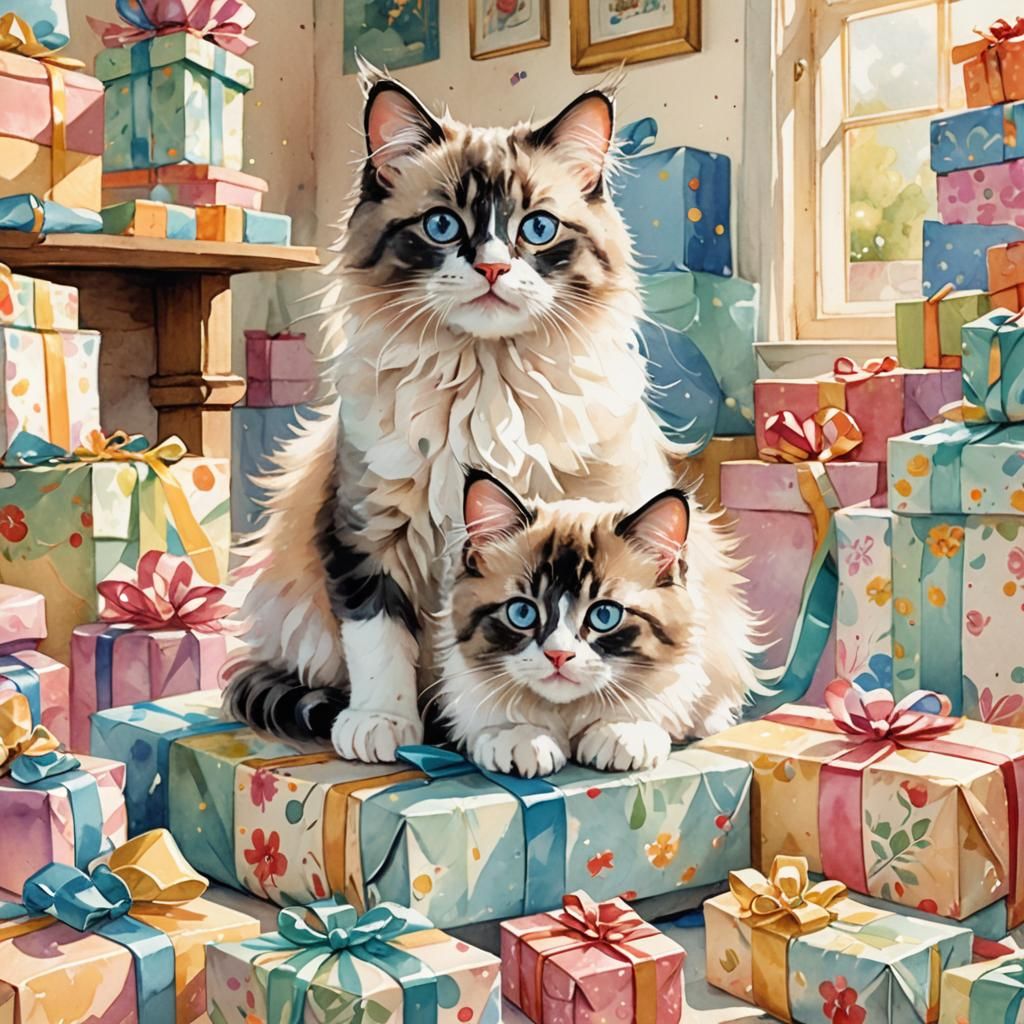 Whimsical Ragdoll Kittens Play in Sunny Birthday Scene