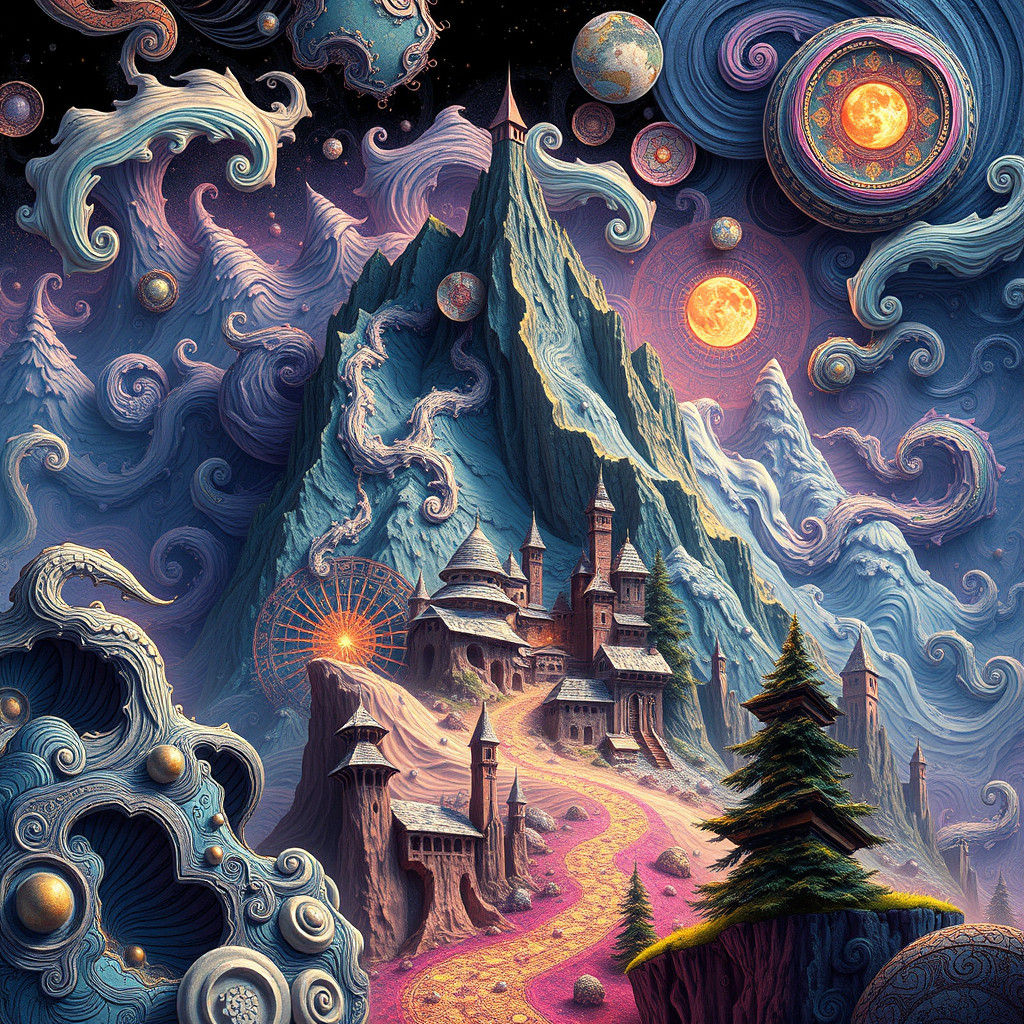 Mystical Mountain Village with Fractal Zentangle Designs