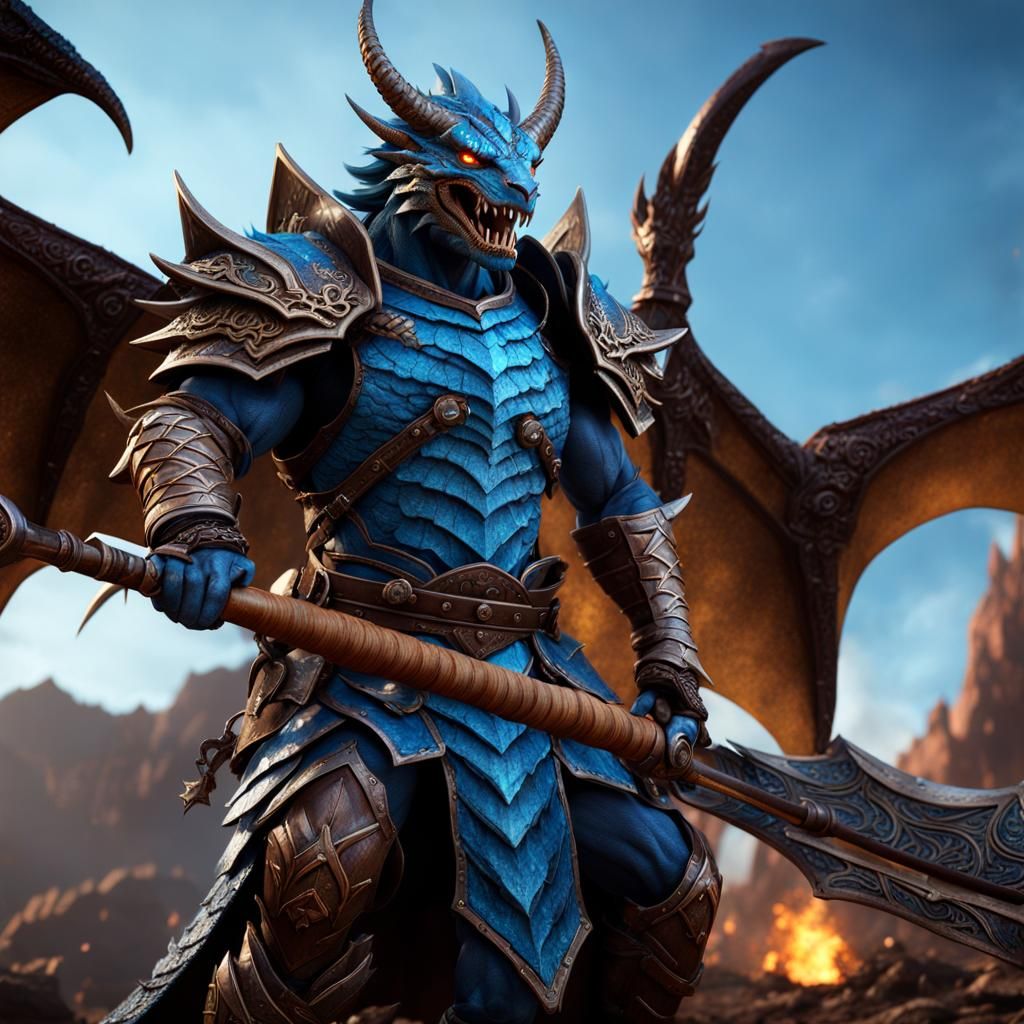 Blue Dragon Barbarian Warrior with Greataxe in D&D Style