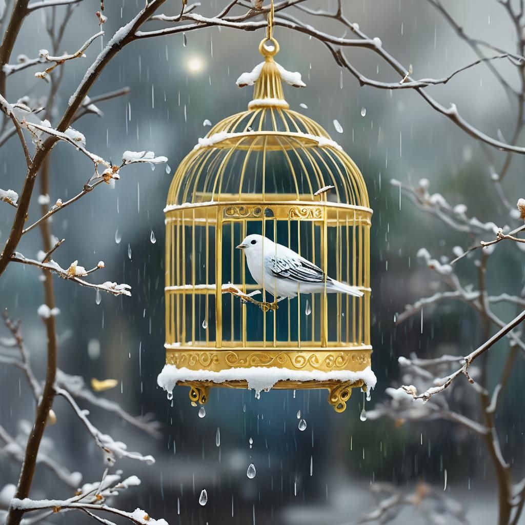 A Snowy Winter Scene: White Bird in Golden Cage