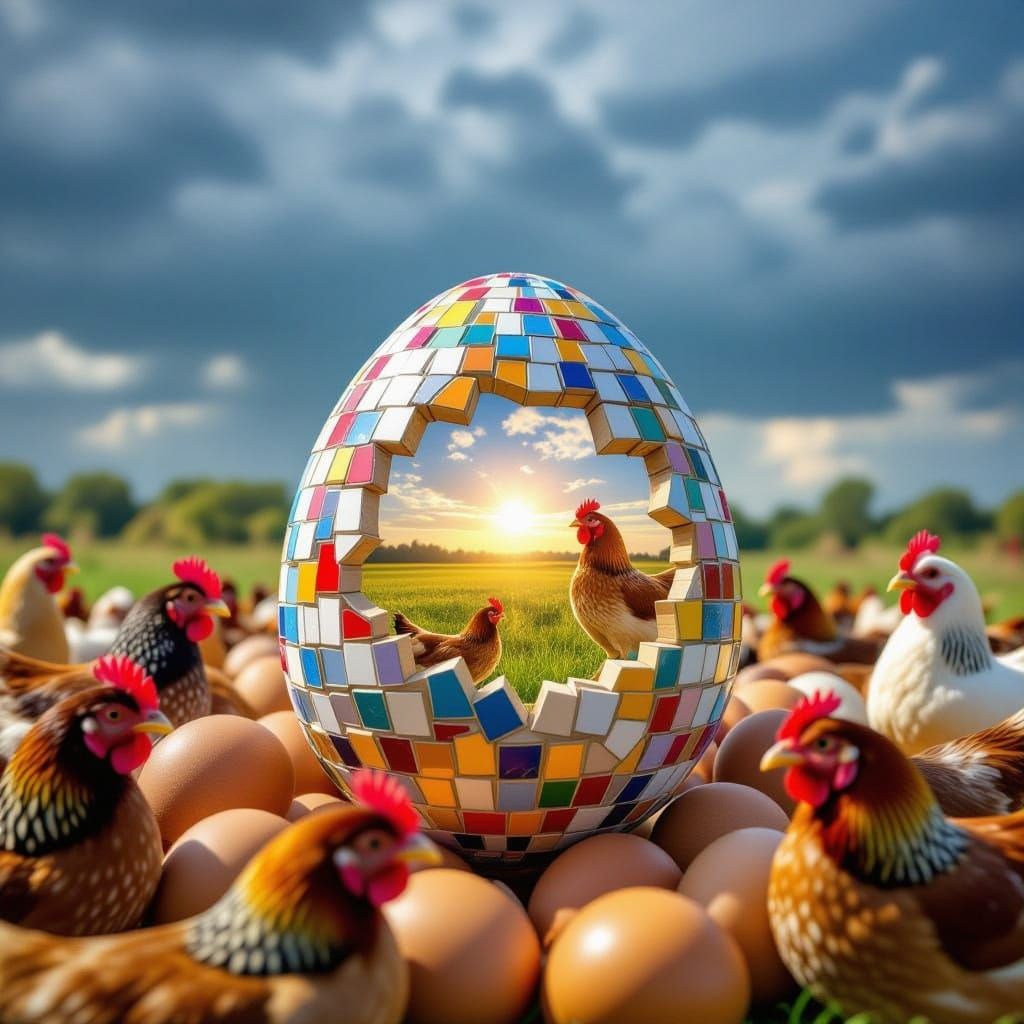 Hopeful Mosaic Egg Amidst Turbulent Flock