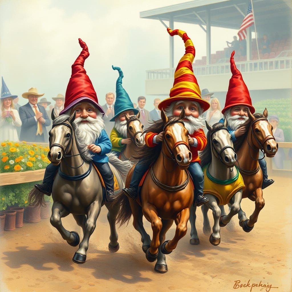 Gnomes Race at Kentucky Derby, Whimsical Style