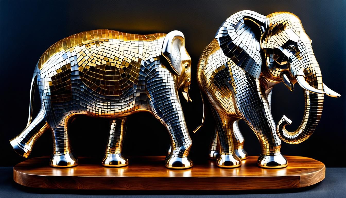 Metallic Mosaic Elephant Sculpture in 3D
