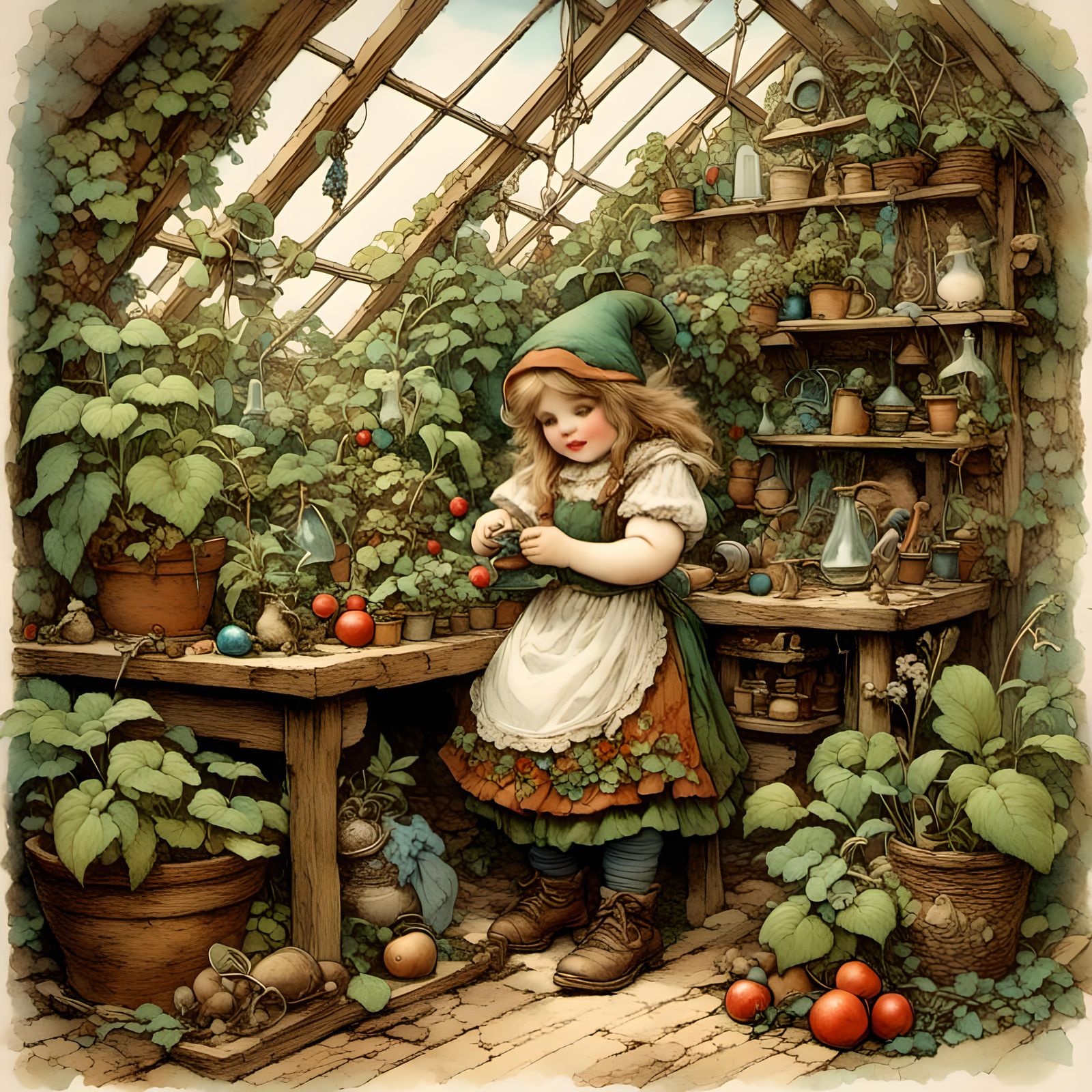 Beardless female gnome working in her greenhouse in the style of late 19th early 20th century fantasy artists <lora:Gnom...