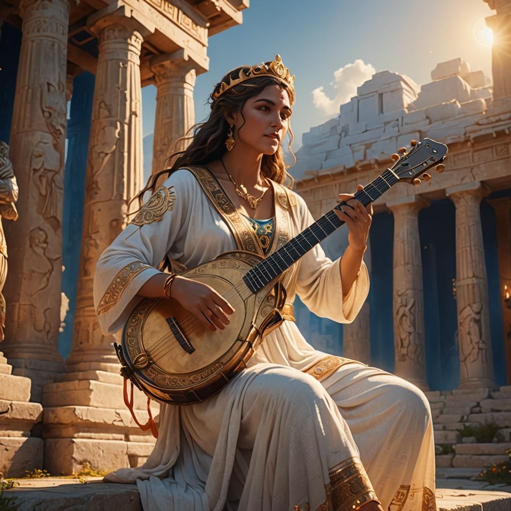 Greek Goddess Plays Banjo on Ancient Stage