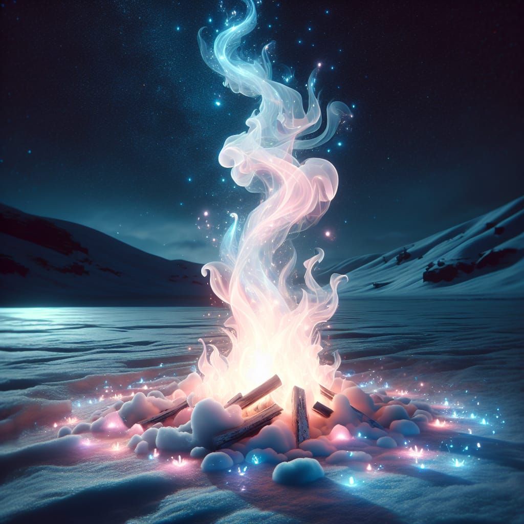 Ethereal White Flame Campfire Under Starry Sky