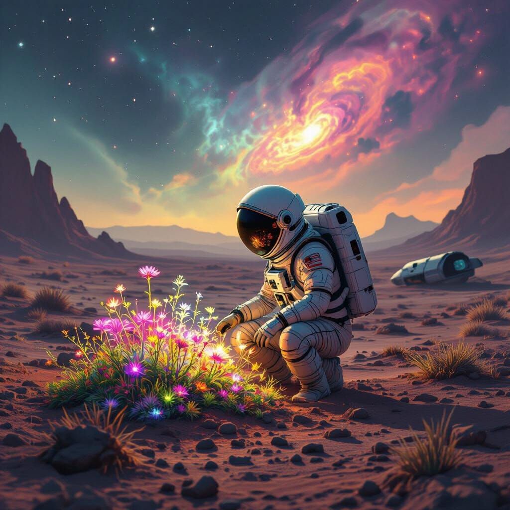 Astronaut Tends Alien Garden Under Nebula Sky