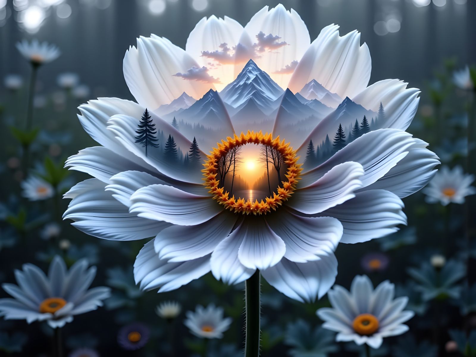 Double Exposure Flower with Nature Scenes